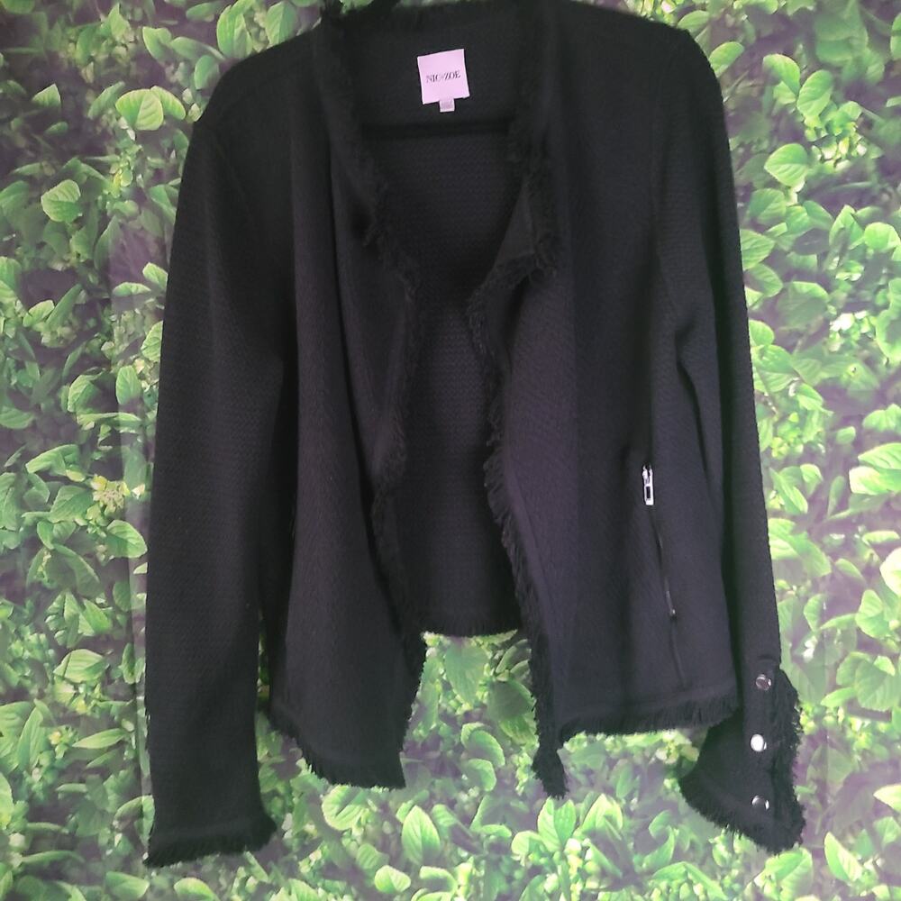 NIC+ZOE Fringe Mix Knit Jacket XXL Black Open Front Cardigan Blazer